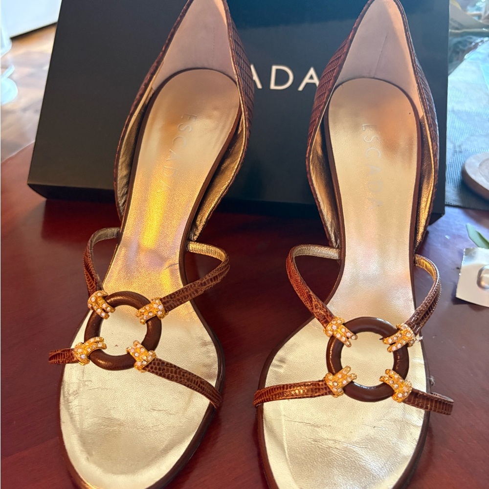 Escada Brown and Gold Stiletto Heels with Luxurious Hardware